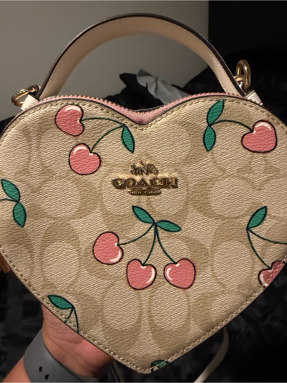 Coach Beige Signature Heart Crossbody with Pink Cherry Print - Picture 4 of 10